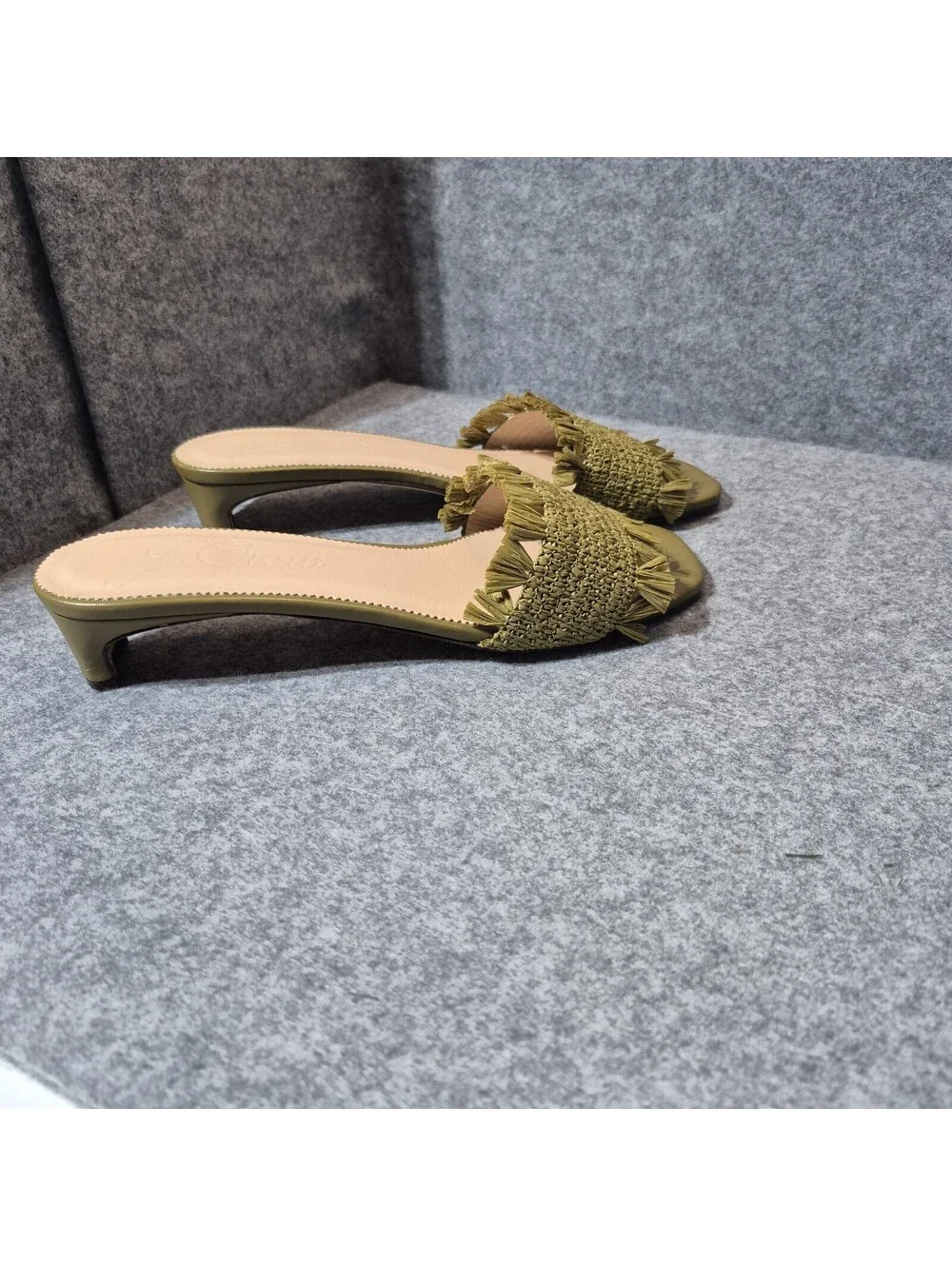 J.Crew Lina Kitten Heels Sandals Woven Raffia Fringe Green Straw & Leather 11